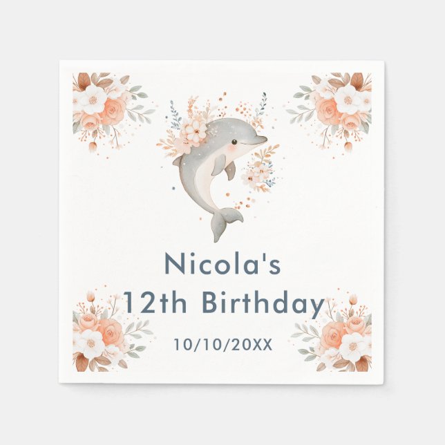 Cute Floral Dolphin Birthday Party Napkins (Front)