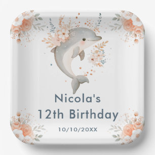 Cute Floral Dolphin Birthday Party Paper Plates