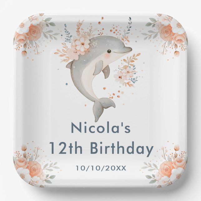 Cute Floral Dolphin Birthday Party Paper Plates (Front)