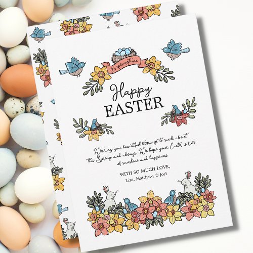 Cute Floral Easter Birds and Bunny Holiday Card