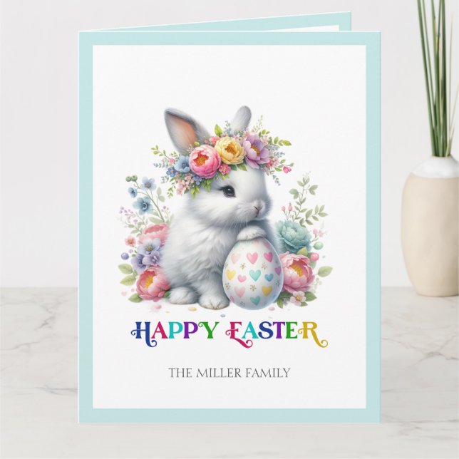 Cute Floral Easter Bunny Colorful Happy Easter Card (Front)