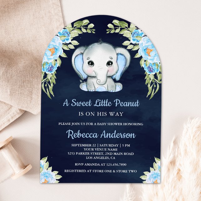 Cute Floral Elephant Arch Navy Blue Baby Shower Invitation (Creator Uploaded)