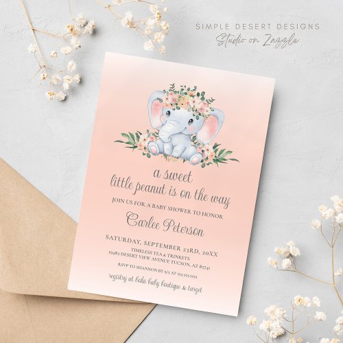 Cute Floral Elephant Baby Girl Baby Shower Invitation