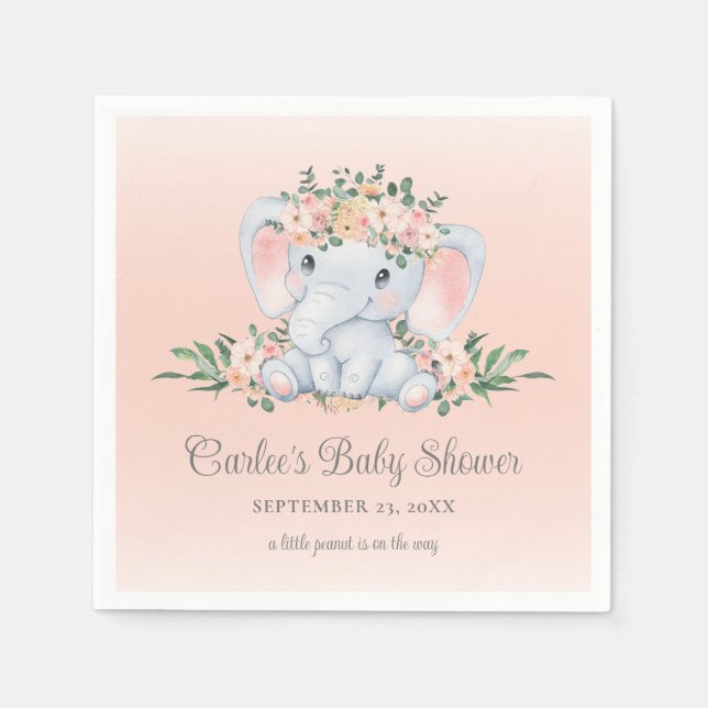 Cute Floral Elephant Baby Girl Baby Shower Napkins (Front)