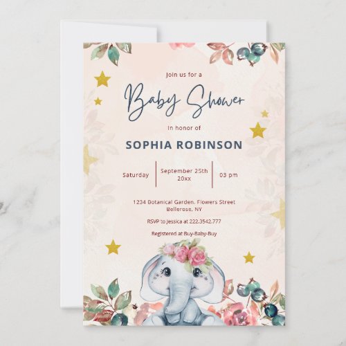 Cute Floral Elephant Baby Shower Invitation