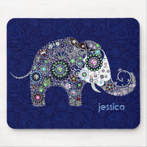 Cute Floral Elephant Blue Damask Background Mouse Pad