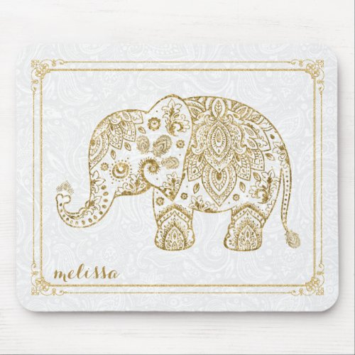 Cute Floral Elephant  Frame Gold Glitter On White Mouse Pad