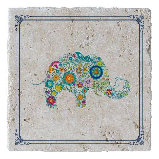 Cute Floral Elephant Illustration Trivet (Front)