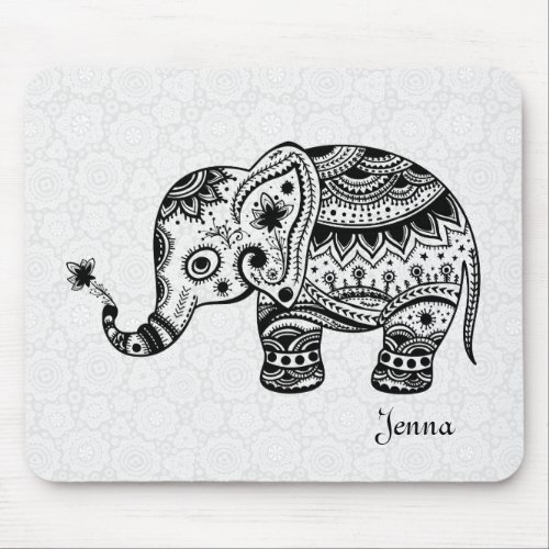 Cute Floral Elephant In Black Mouse Pad