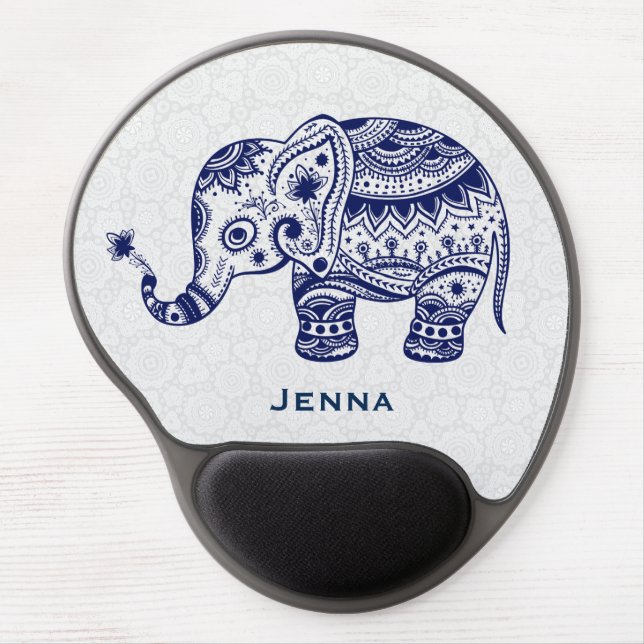 Cute Floral Elephant In Navy Blue Gel Mouse Pad (Front)