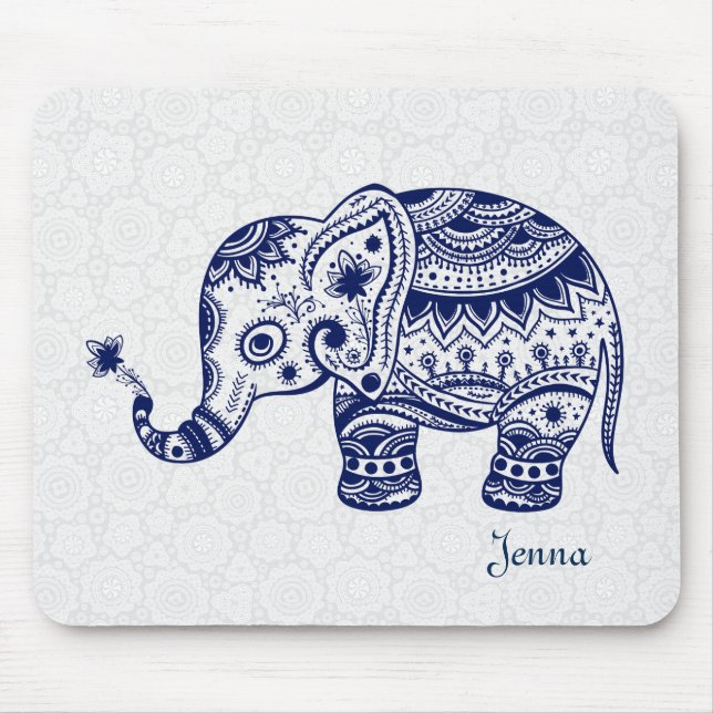 Cute Floral Elephant In Navy Blue Mouse Pad (Front)
