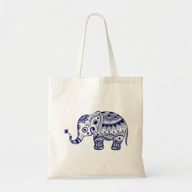 Cute Floral Elephant In Navy Blue Tote Bag (Front)