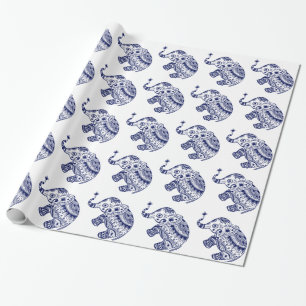 Cute Floral Elephant In White And Navy Blue Wrapping Paper