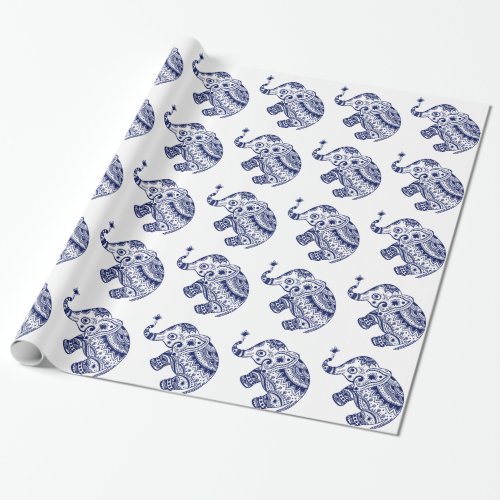Cute Floral Elephant In White And Navy Blue Wrapping Paper