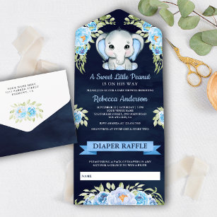 Cute Floral Elephant Navy Blue Baby Shower All In One Invitation