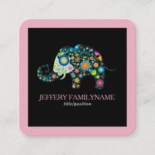 Cute Floral Elephant On Black Pink Border Square Business Card