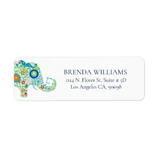 Cute Floral Elephant On White Blue Typography Label