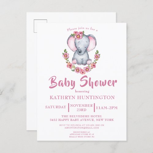 Cute Floral Elephant Pink Baby Shower Invitation P