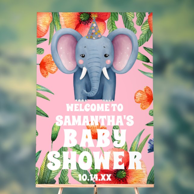 Cute Floral Elephant Pink Baby Shower Welcome Acrylic Sign (Neutral)