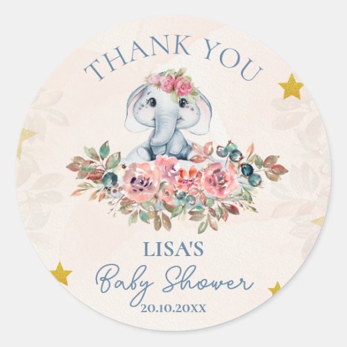 Cute Floral Elephant Thank You Baby Shower Classic Round Sticker