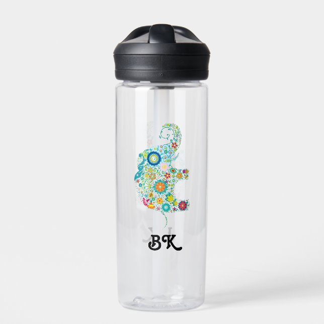 Cute floral elephant with custom monogram water bottle (Front)