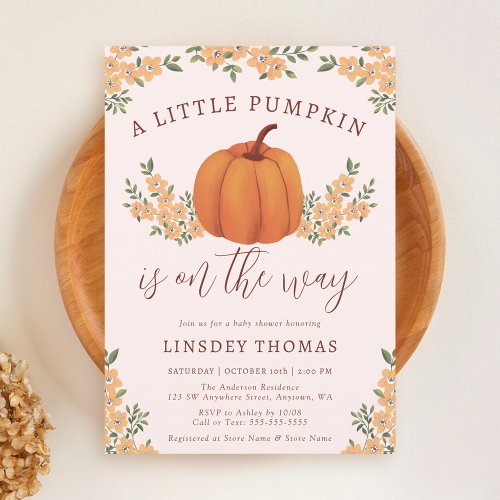 Cute Floral Fall Pumpkin Pink Baby Shower Invitation