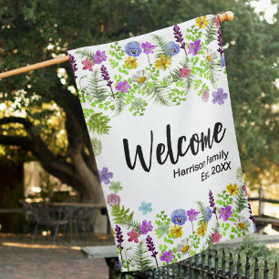 Cute Floral Family Name Established Year Outdoor House Flag