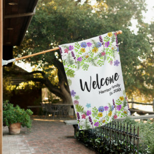 Cute Floral Family Name Established Year Outdoor House Flag