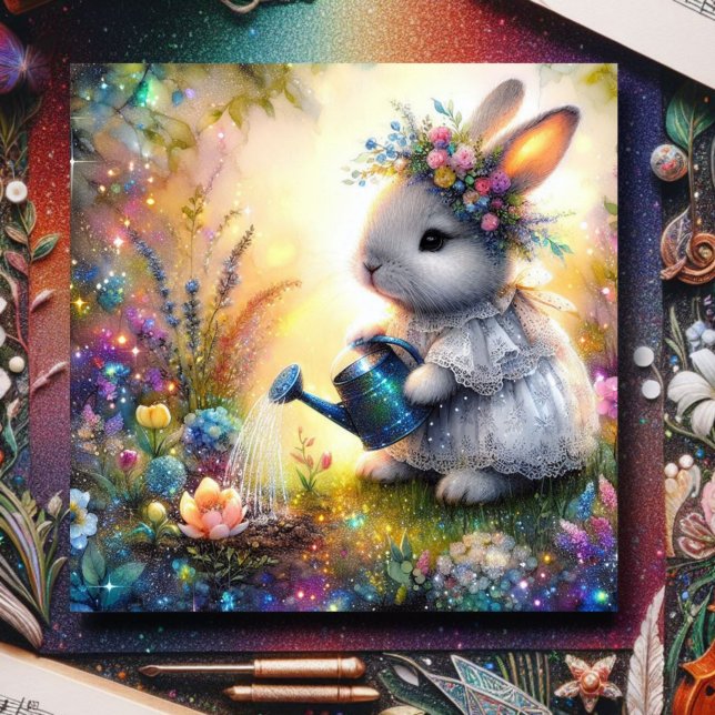 Cute Floral Fantasy Art Bunny Spring Garden Easter Holiday Card (Creator Uploaded)