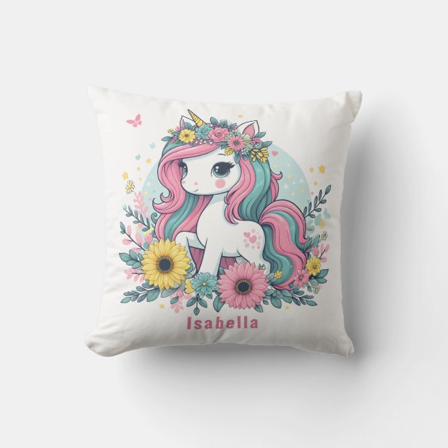 Cute Floral Fantasy Unicorn Girl's Enchanted World Throw Pillow (Front)