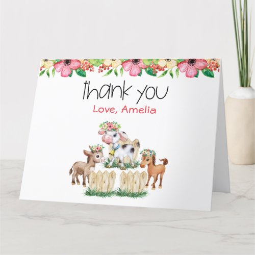 Cute Floral Farm Animals Folded Thank You Card