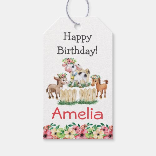 Cute Floral Farm Animals Happy Birthday Gift Tags