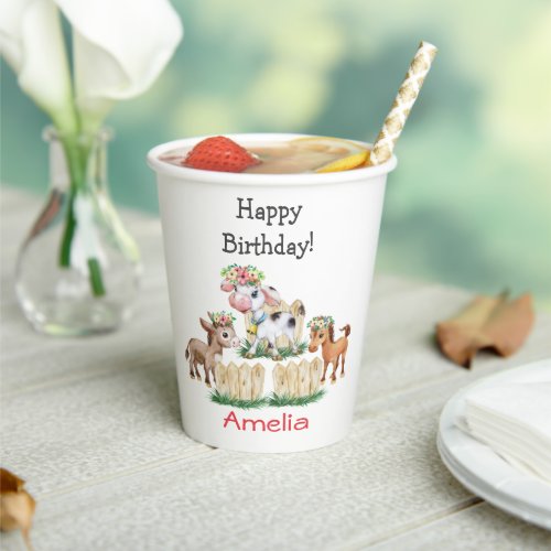 Cute Floral Farm Animals Happy Birthday Paper Cups