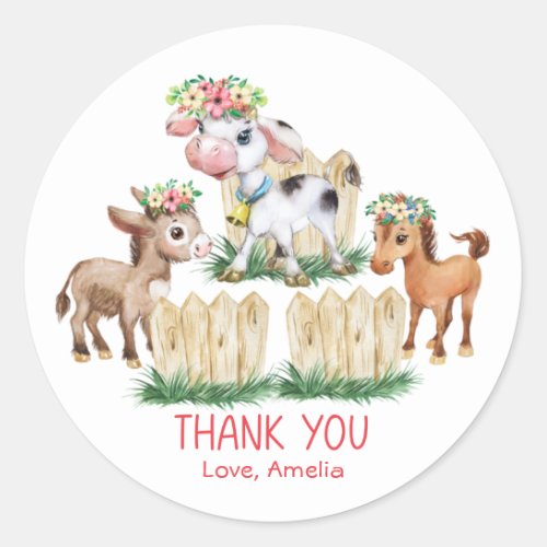 Cute Floral Farm Animals Thank You Classic Round Sticker