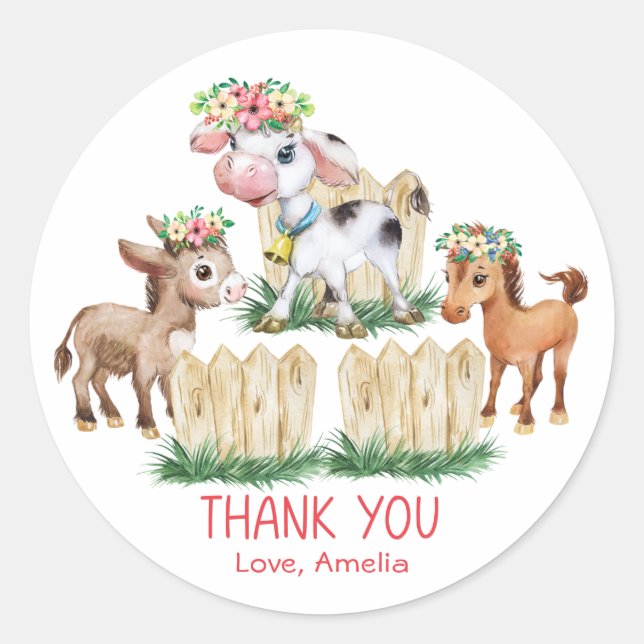 Cute Floral Farm Animals Thank You  Classic Round Sticker (Front)