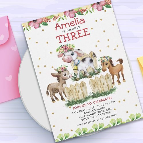 Cute Floral Farm Animals Third Birthday Invitation