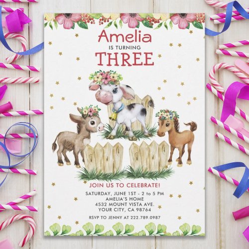 Cute Floral Farm Animals Third Birthday Invitation