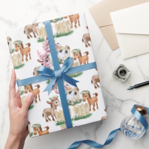 Cute Floral Farm Animals Wrapping Paper