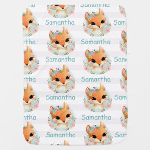 Cute Floral Fawn Cartoon Face Pattern Name Baby Blanket