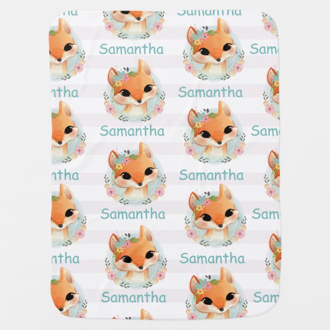 Cute Floral Fawn Cartoon Face Pattern Name Baby Blanket (Front)