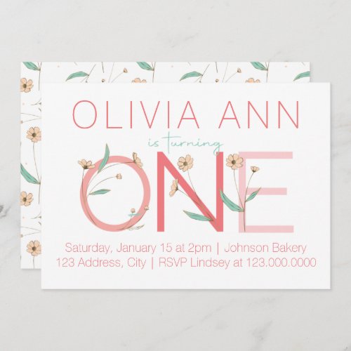 Cute Floral First Birthday Invitation