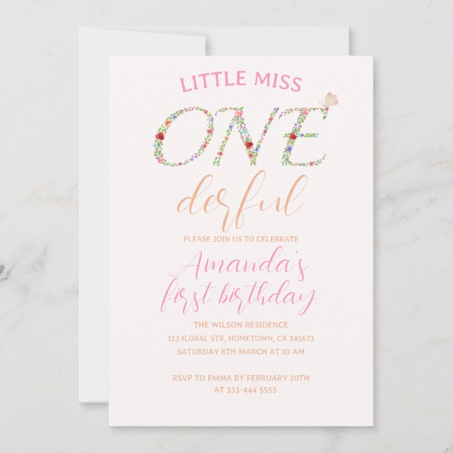 Cute Floral First Birthday Little Miss ONE Derful Invitation (Front)