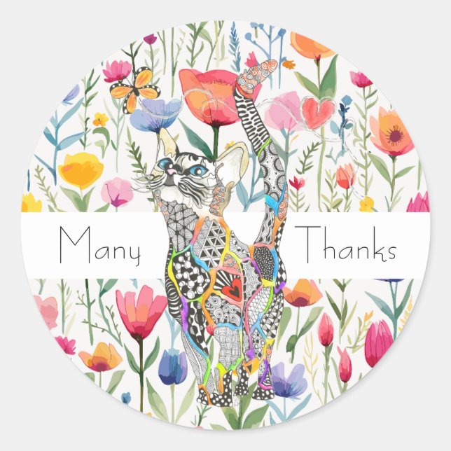 Cute Floral Flowers Cat Thank You Stickers (Front)