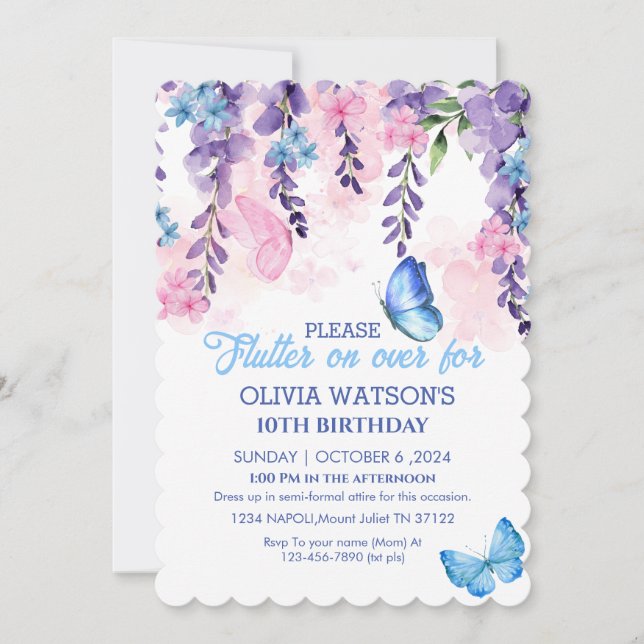 Cute Floral flutter on over Butterflies Birthday Invitation (Front)