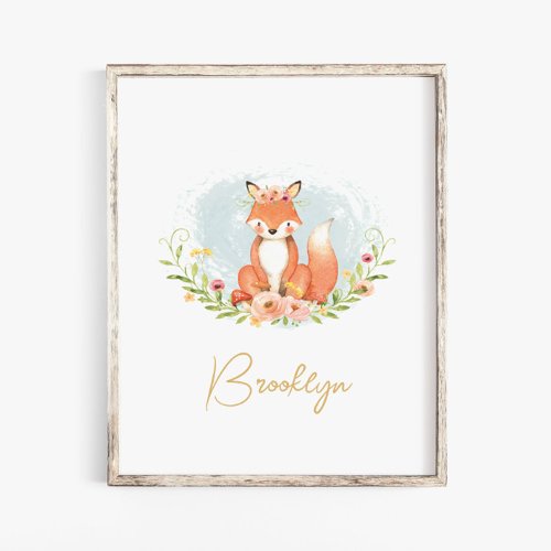 Cute Floral Fox Animal Nursery Name Wall Arts Poster