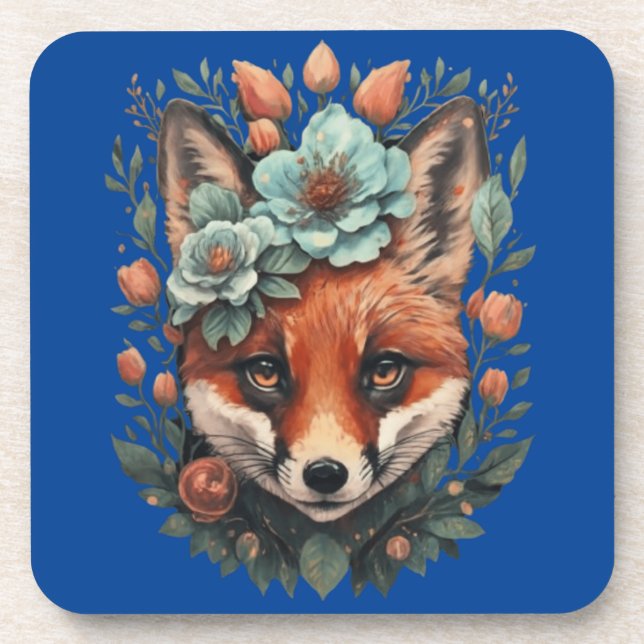 Cute floral fox beverage coaster (Front)