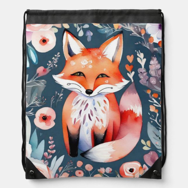 Cute floral fox  drawstring bag (Front)