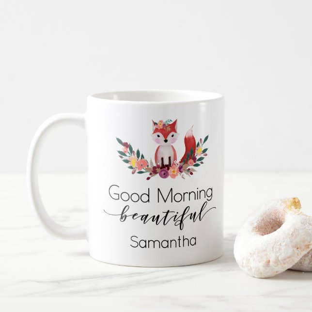 Cute Floral Fox Good Morning Script Personalized Coffee Mug (With Donut)