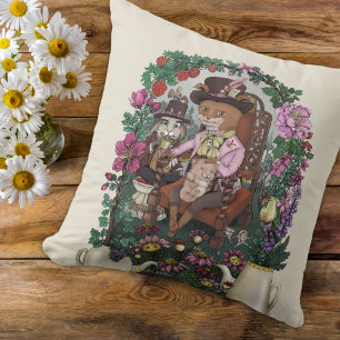 Cute Floral Fox Mad Hatter Alice in Wonderland Art Throw Pillow