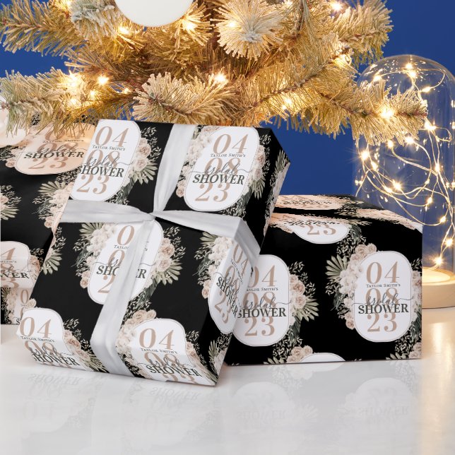 Cute Floral Frame Bridal Shower Personalized Black Wrapping Paper (Holidays)